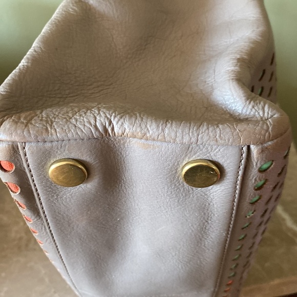 5/$30 Fossil Leather Zippered Gray/Mint/Orange Bag 12"W x 5 1/2"D x 11" T - Picture 15 of 15